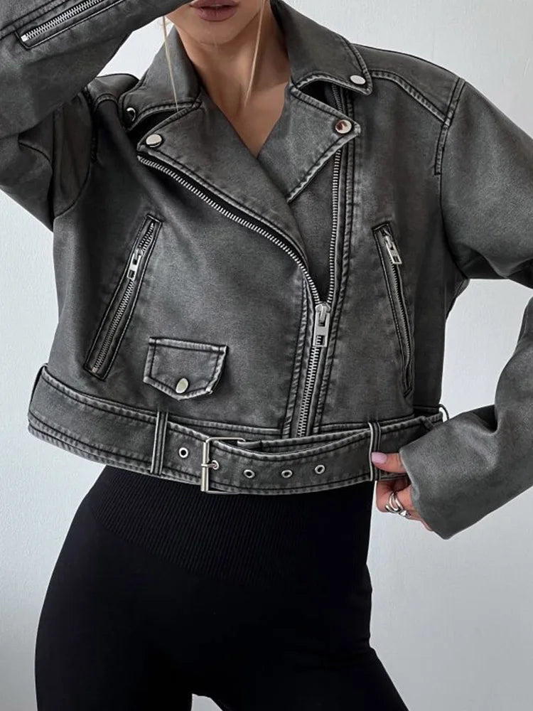veste  rétro ample fermeture éclair en simili cuir courte Vintage avec ceinture pour femmes