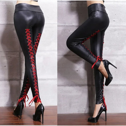 Pantalon en cuir sexy en dentelle pour femme, leggings en PVC