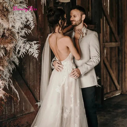 Robe de mariée Vintage ligne a, asymétrique épaule dénudée, Tulle et dentelle, dos nu