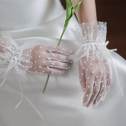 Gants courts en tulle à pois pour femmes, blancs, bord à volants, nœud de ruban