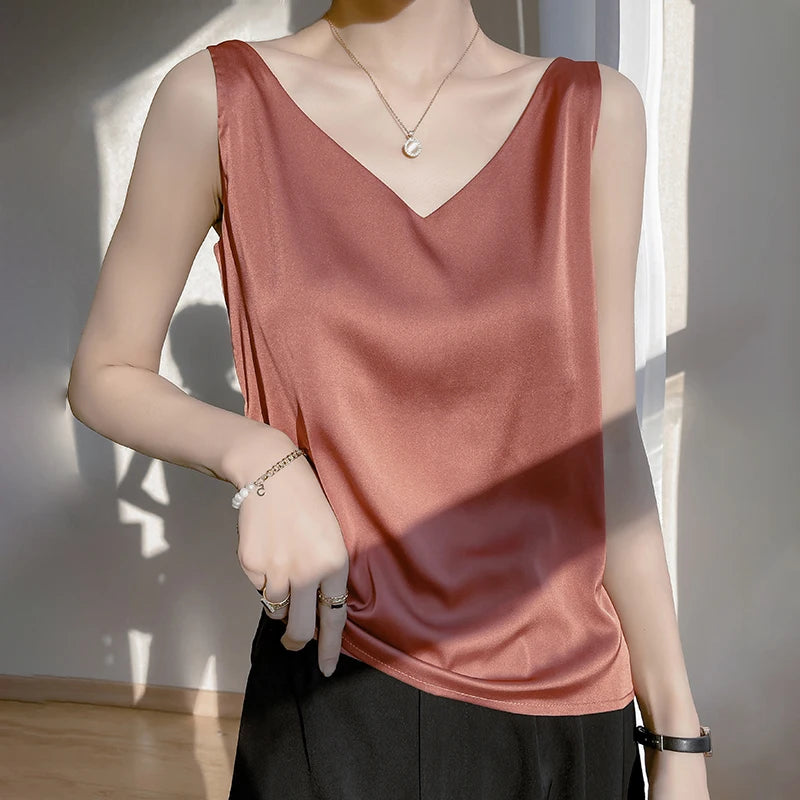 T-shirt d'été en satin de soie brillant pour femme