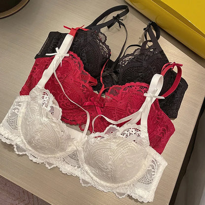 Ensembles de Lingerie Sexy, sous-vêtements, bonnet A B C pour femmes, rouge, noir, garniture en dentelle, nœud rembourré, Bralette, culotte, soutien-gorge Push Up