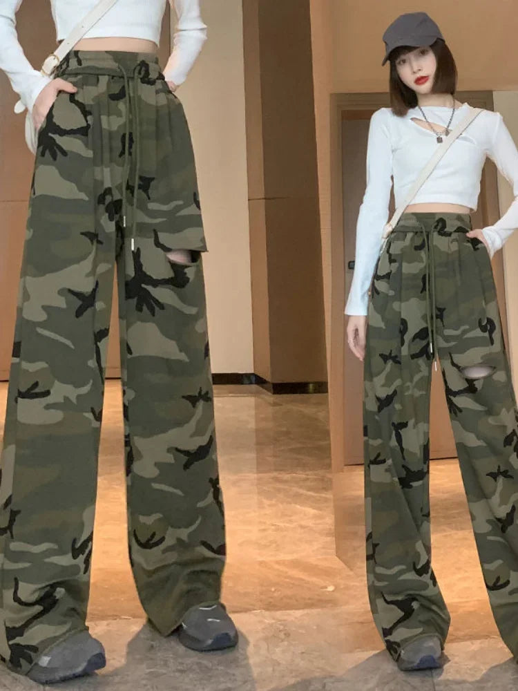 Pantalon à trous imprimé pour femme
