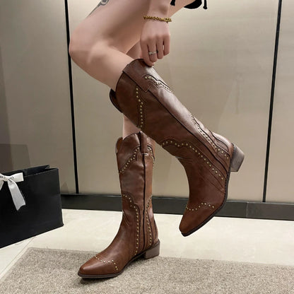 Bottes cloutées pour femmes talon bas Cowboy Chelsea Western court en cuir