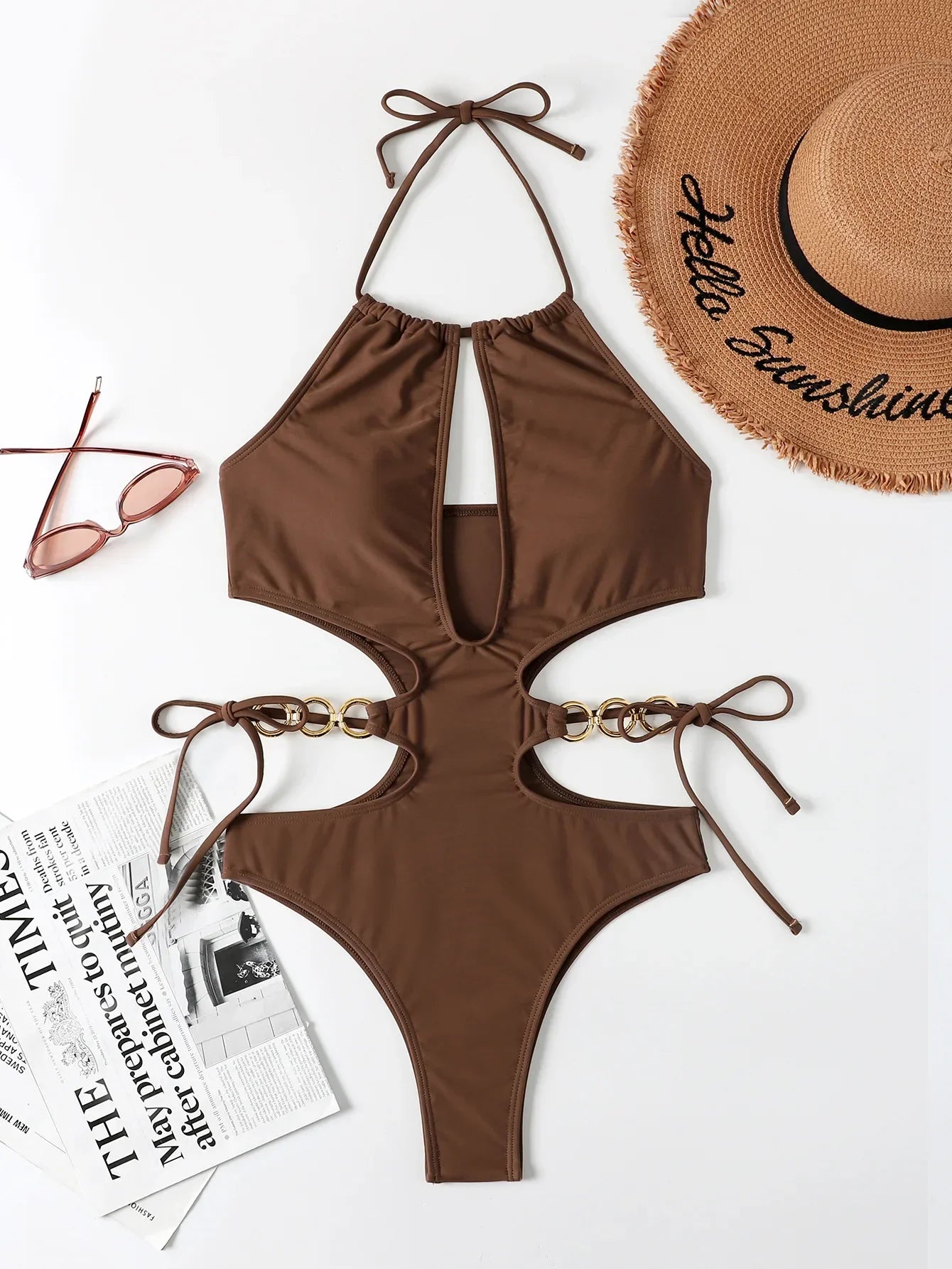 Maillot de bain une pièce marron, sexy, découpé, col haut, anneau en métal pour femmes