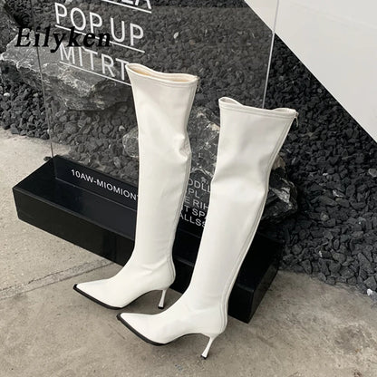 Bottes au dessus du genou pour femmes à bout pointu, fermeture éclair, talons fins