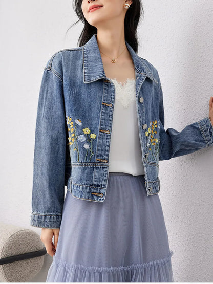 Veste en jean courte brodée florale pour femme