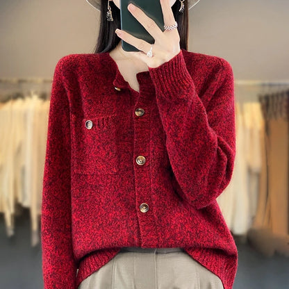 Pull cardigan en laine avec poches pour femmes, col rond, haut à manches longues