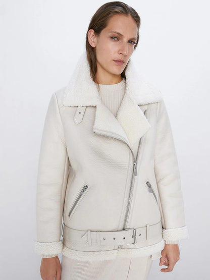 Veste pour femmes ample chaud Faux daim cuir fourrure fermeture éclair