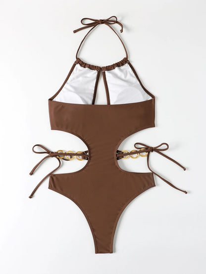 Maillot de bain une pièce sexy ajouré pour femme, col licou, coupe haute