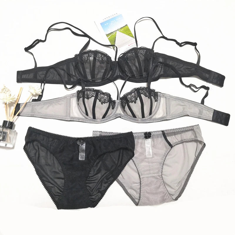 Ensemble soutien-gorge et culotte demi-tasse en maille transparente brodée en dentelle pour femmes