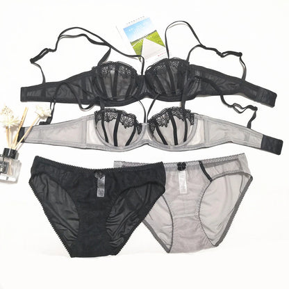 Ensemble soutien-gorge et culotte demi-tasse en maille transparente brodée en dentelle pour femmes