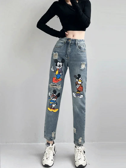 Jeans déchirés de dessin animé pour femmes