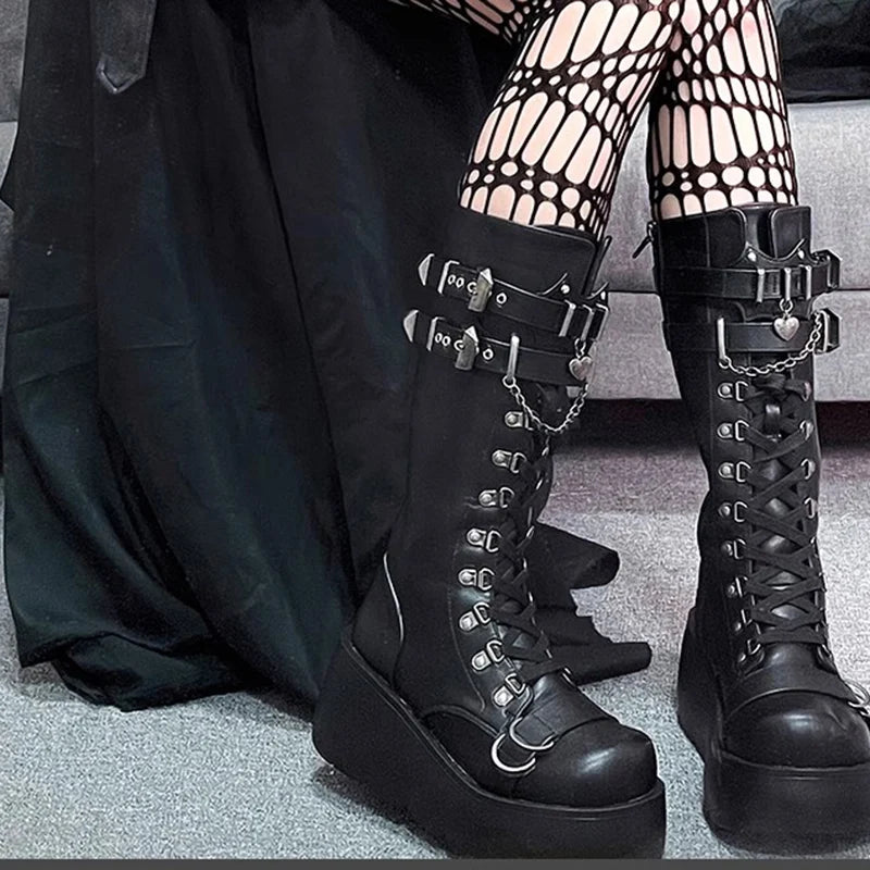 Bottes Punk à plateforme épaisse avec boucle en métal pour femme