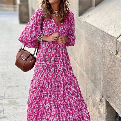 Robe longue à volants pour femmes, imprimé floral, style boho, col en v, manches bouffantes