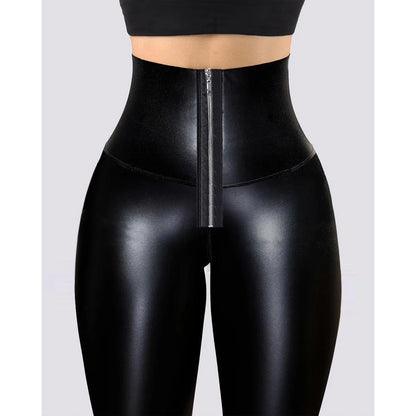 Leggings taille haute en cuir PU pour femme,