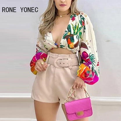 Ensemble haut et short à imprimé floral pour femme, col en V profond, manches longues, ceinture élégante