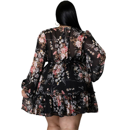 Mini robe imprimée en mousseline de soie pour femmes, Sexy, à volants, col en v, dos nu, à lacets