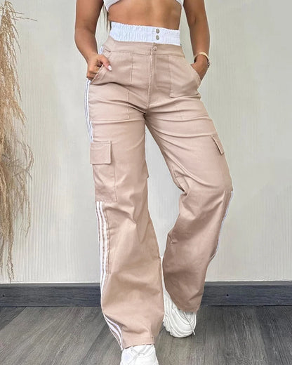 Pantalon cargo taille haute extensible froncé à rayures et patchs pour femmes