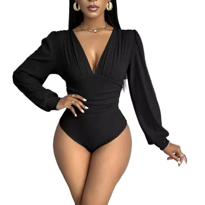 Body à manches longues et col en V pour femmes