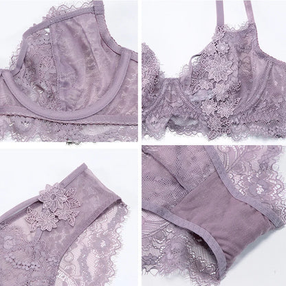 Ensemble de sous-vêtements fins en dentelle Non rembourrés, Sexy, Lingerie pour femmes, soutien-gorge et culotte transparents, brassière brodée en dentelle