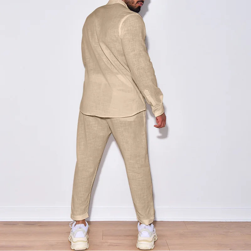 Ensemble deux pièces décontractée à manches longues et col montant en coton et chanvre pour hommes