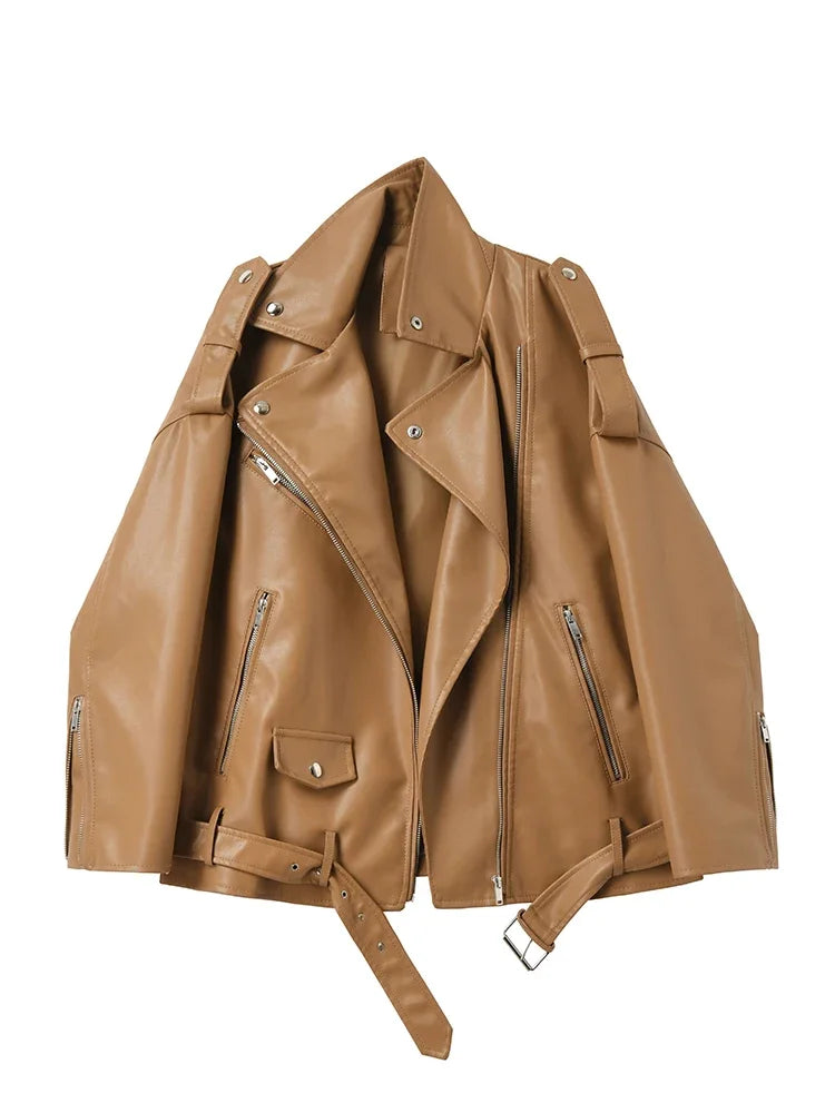 Veste avec ceinture ample fermeture éclair en Faux cuir pour femmes