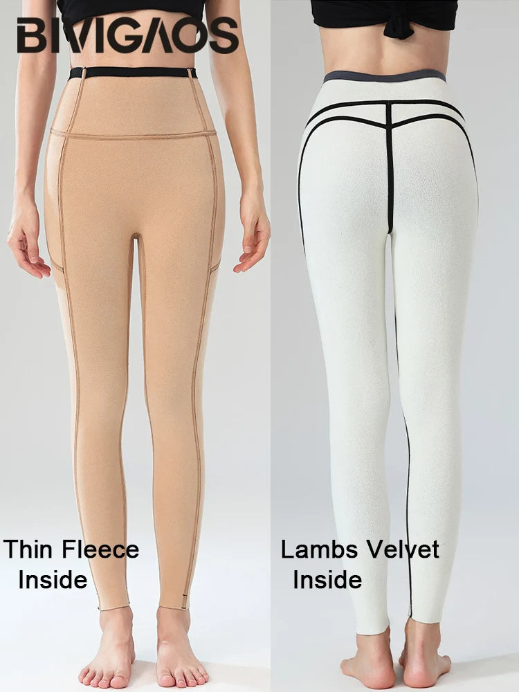 Leggings en peau de requin de poche pour femme, taille haute, velours ajusté