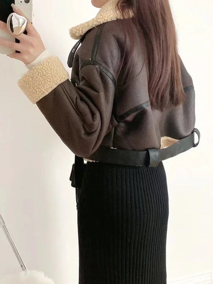 Veste pour femmes Streetwear fausse fourrure d'agneau en cuir veste courte avec ceinture