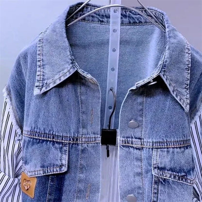 Veste en jean rayée longue et courte pour femme