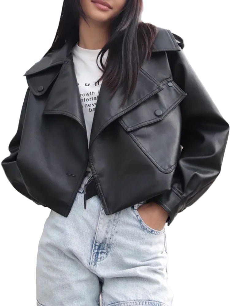 Veste courte en pu faux cuir pour femmes