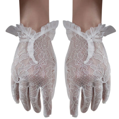 Gants de Demoiselle d'Honneur Courts et Blancs en Tulle à Bords Volants, Appliqués en Dentelle