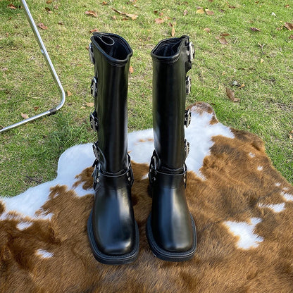 Bottes en jean rétro marron avec boucle de ceinture pour femme