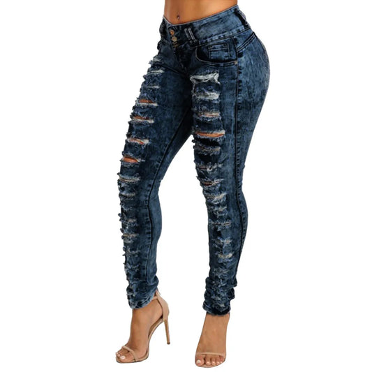 Jean skinny décontracté pour femme, pantalon en denim troué, taille moyenne