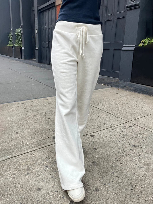 Pantalon Long droit blanc avec cordon de serrage, ourlet brut, doux et mignon, taille haute pour femmes