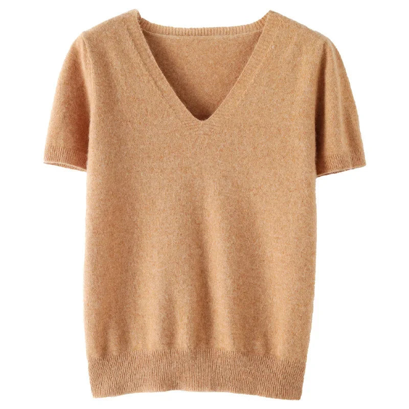 Pull tricot col en v à manches courtes pour femmes