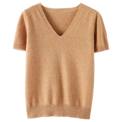 Pull tricot col en v à manches courtes pour femmes