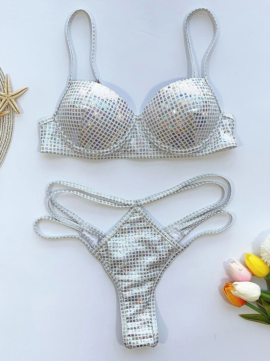 Maillot de bain à paillettes brillantes, soutien-gorge Push up, culotte taille haute, ensemble deux pièces, style brésilien