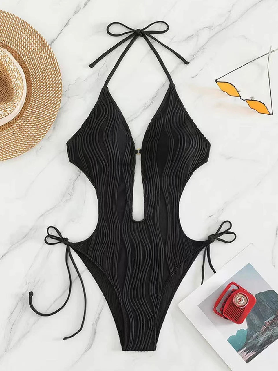 Maillot de bain une pièce sexy à col en V froissé pour femme, dos nu, monokini, taille haute