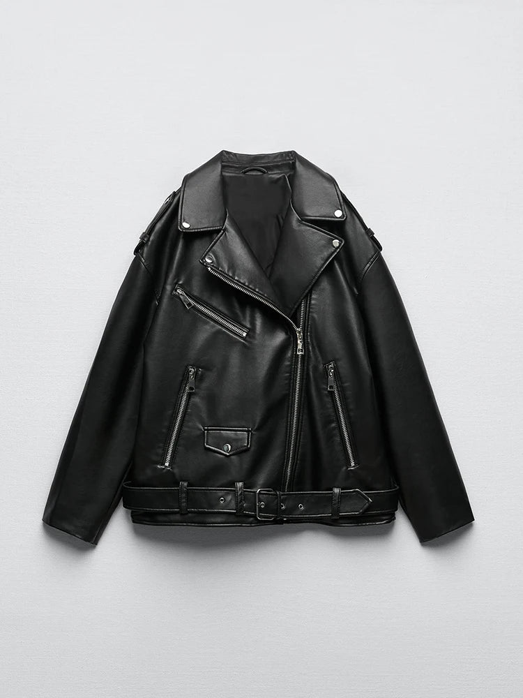 Veste Pu faux cuir avec ceinture pour femme