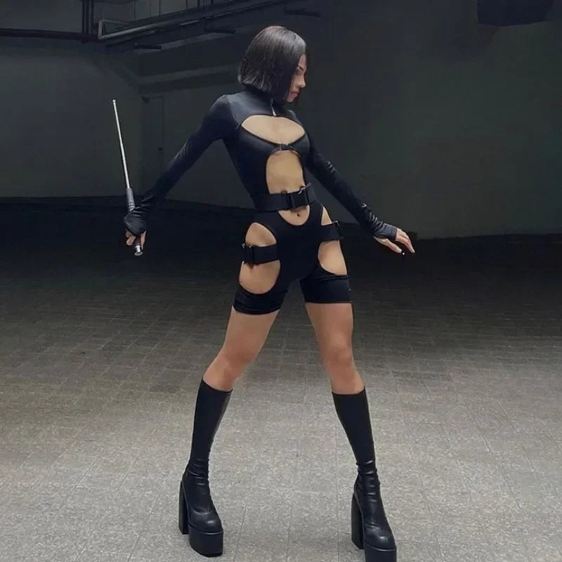 Combishort noir moulant à manches longues pour femmes