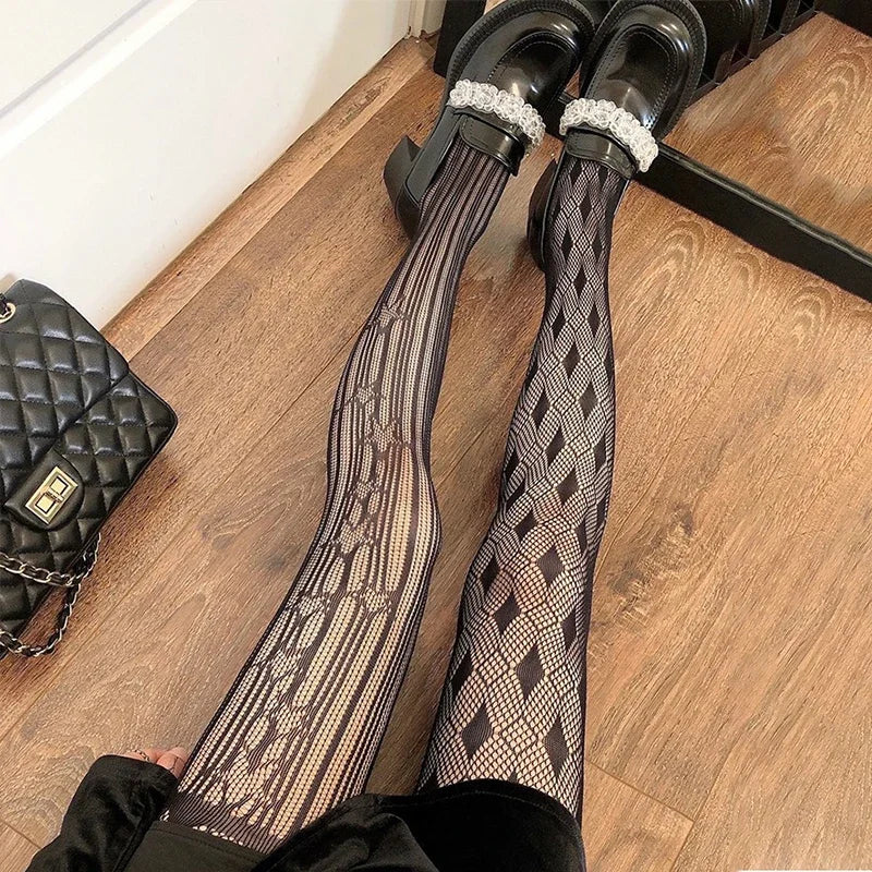 Bas résille gothiques collants noirs pour femmes