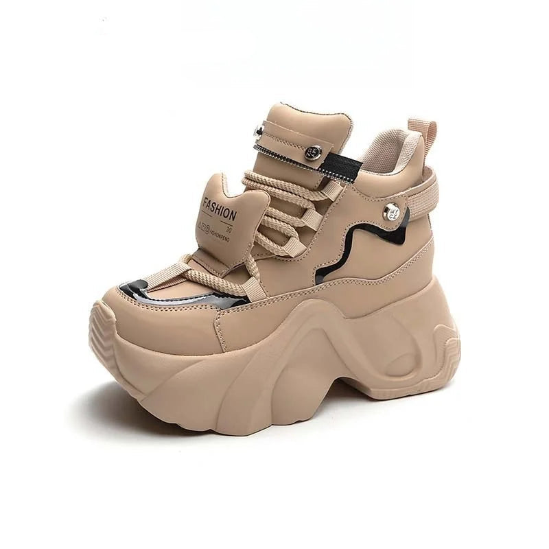 Baskets à plateforme haute en cuir véritable compensés de 8 cm, à lacets pour femmes