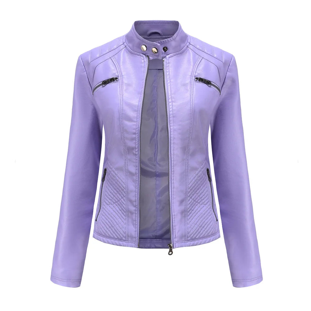 Blouson en cuir PU femme, décontracté, col montant