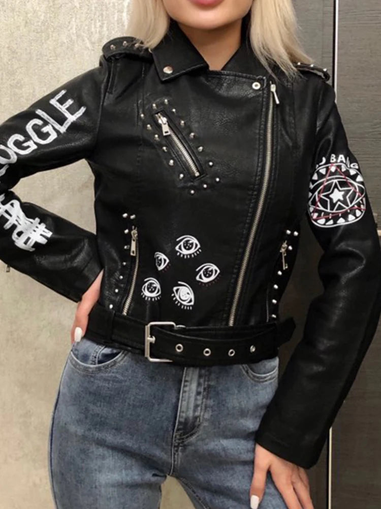 Veste en cuir fermeture éclair ceinture pour femmes