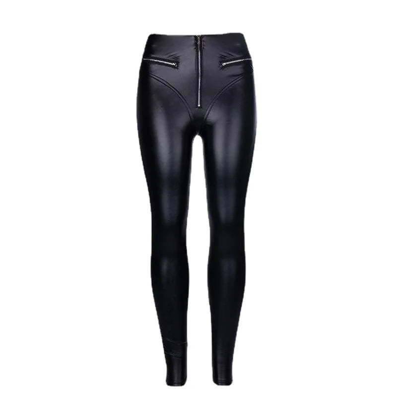 Pantalon long en similicuir PU élastique façonnant les hanches Push Up  Fermeture éclair sur le devant