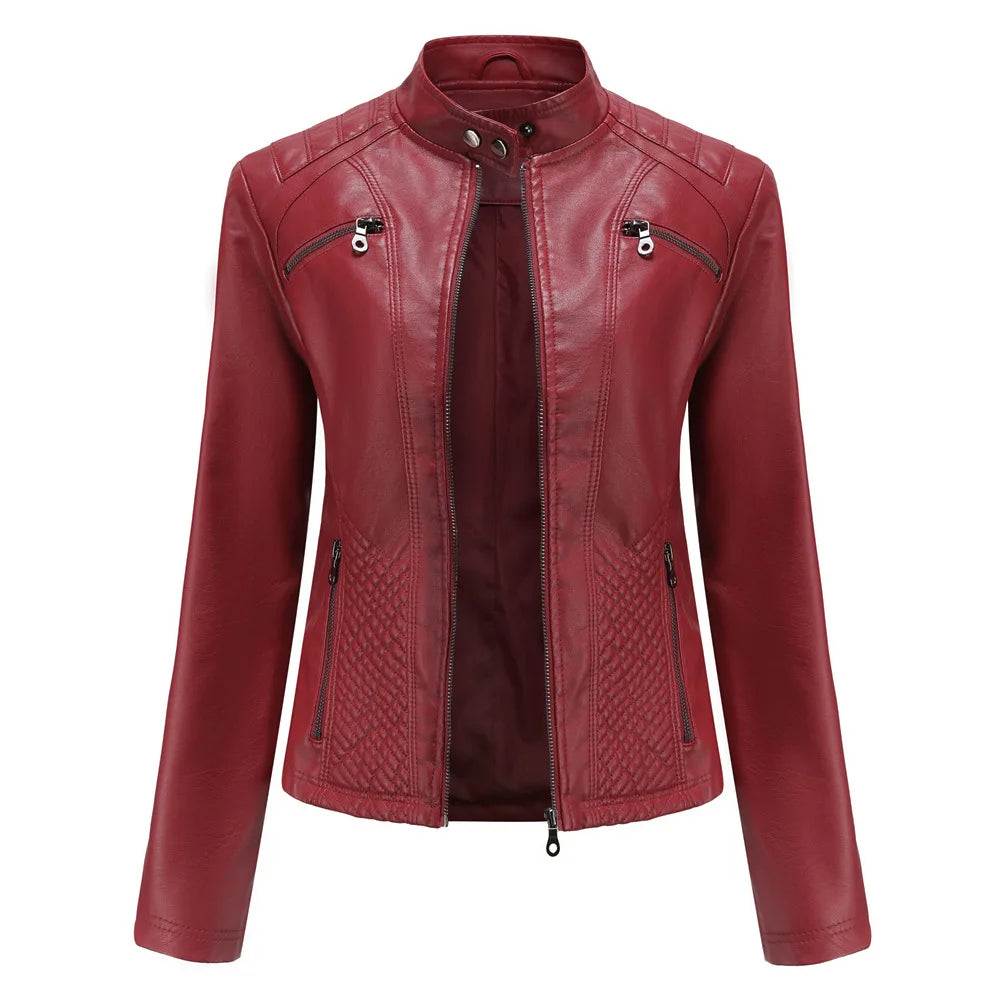 Blouson en cuir PU femme, décontracté, col montant