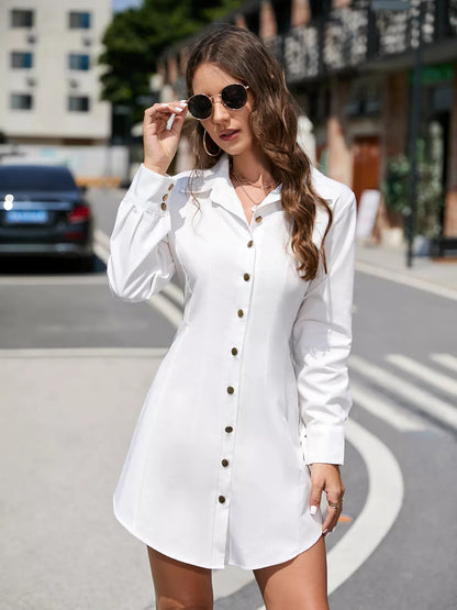 Robe chemise blanche élégante pour femmes, couleur unie, manches longues, décontractée