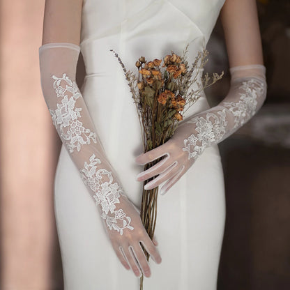 Gants Élégants en Dentelle de Tulle Blanc pour Femme, Longs et Appliqués