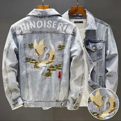 Veste en jean à motifs brodés de style chinois pour hommes